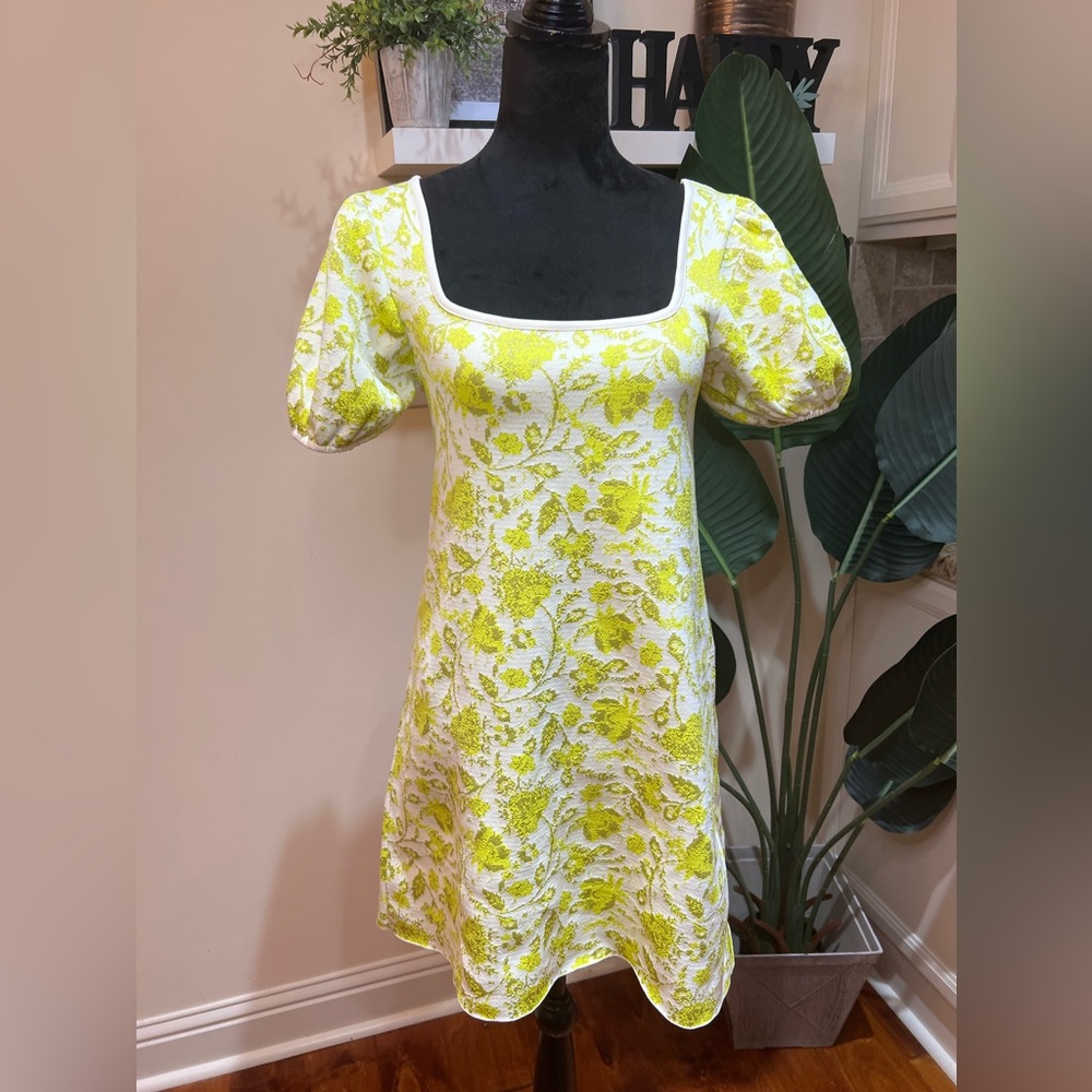 ZARA Floral Jacquard Knit Puff Sleeve Lime Yellow Dress Bloggers Fav Medium